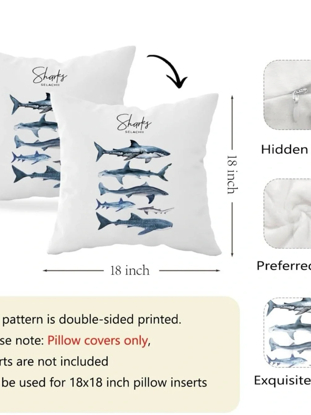 NEW Set of 2 Blue & White Whale & Shark Pillow Covers - 18”x18” - Covers Only